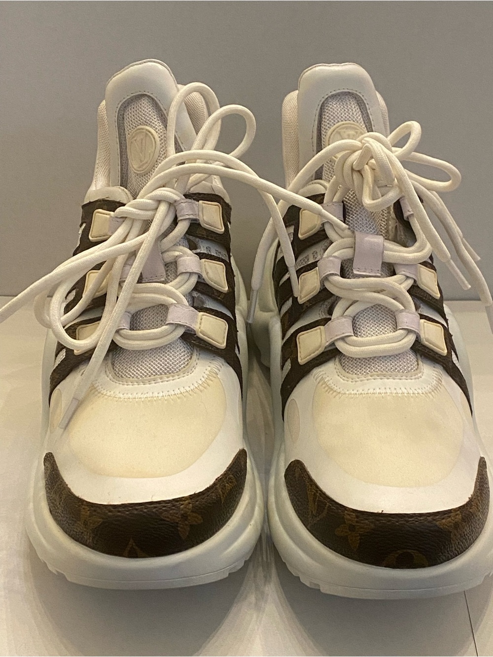Louis Vuitton White and Brown Monogram Lace-Up Sneakers